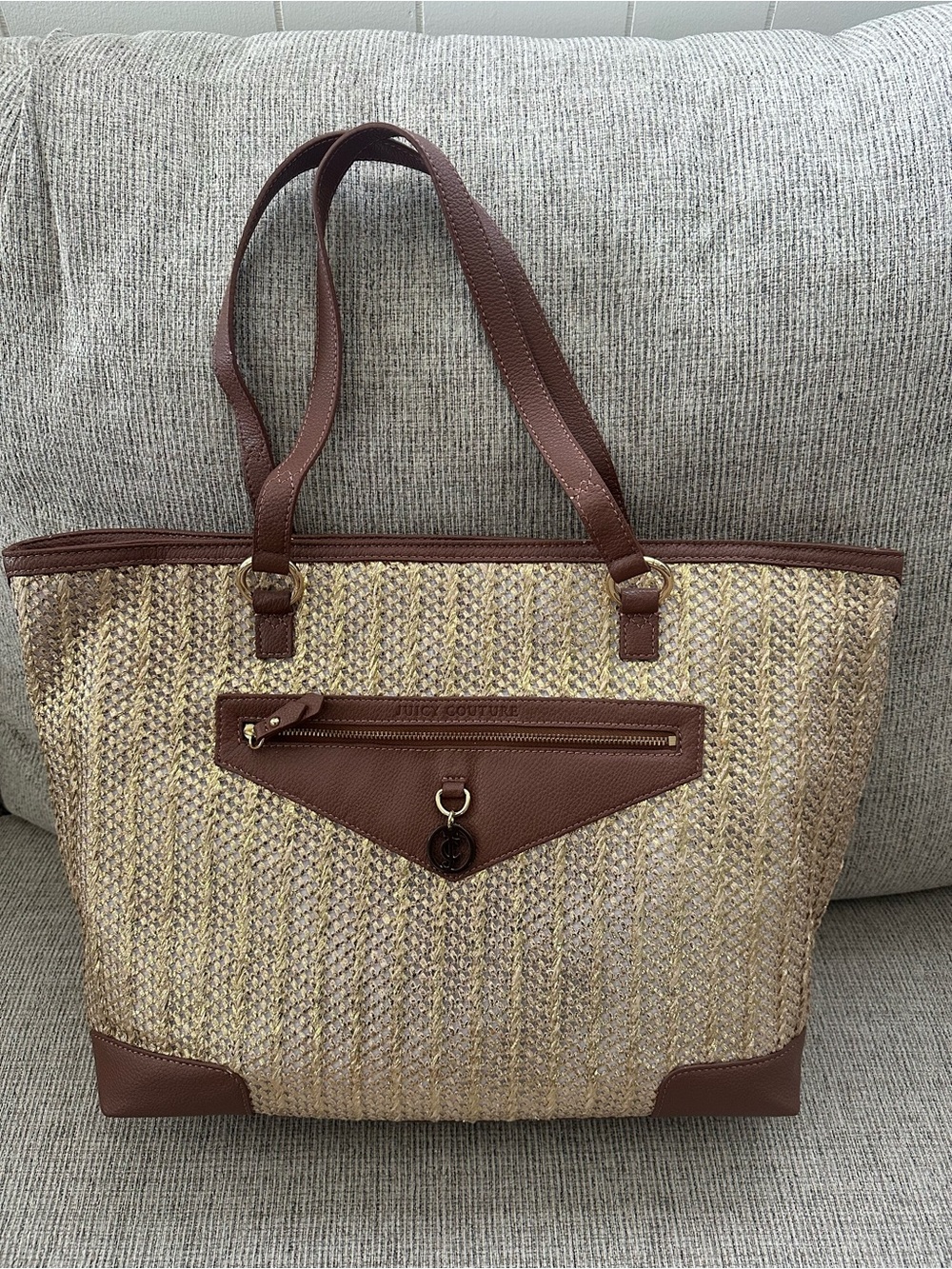 Woven Straw Tote Bag with Brown Trim - Women Bags